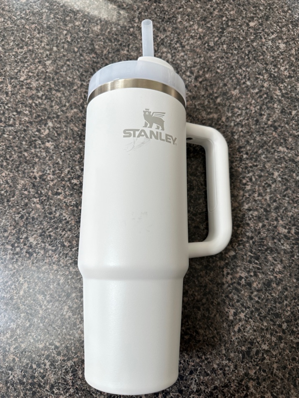 Stanley White Travel Tumbler with Handle and Stainless Accent